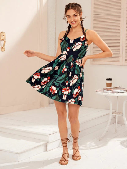 Leaf Floral Print Random Box Pleat Cami Dress Periwinkley Shop