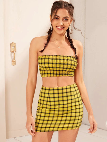 Plaid Print Shirred Strapless Crop Top And Skirt Set Periwinkley Shop