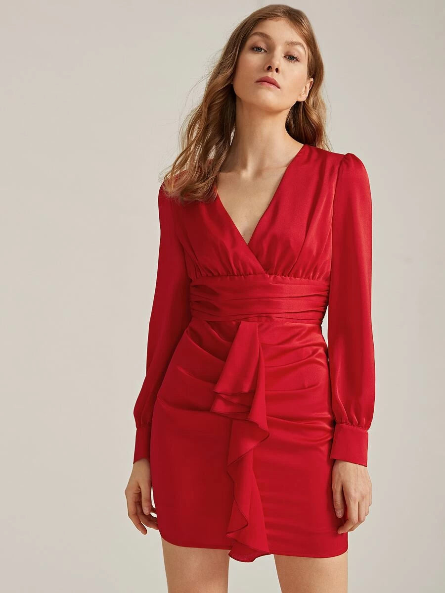 Surplice Neck Crinkle Wide Waistband Ruffle Trim Dress Periwinkley Shop