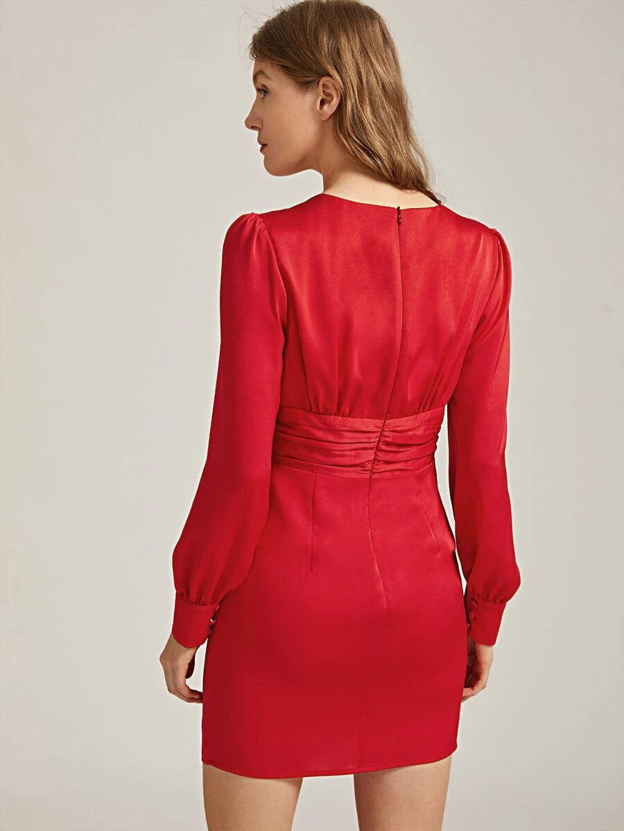 Surplice Neck Crinkle Wide Waistband Ruffle Trim Dress Periwinkley Shop