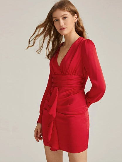 Surplice Neck Crinkle Wide Waistband Ruffle Trim Dress Periwinkley Shop