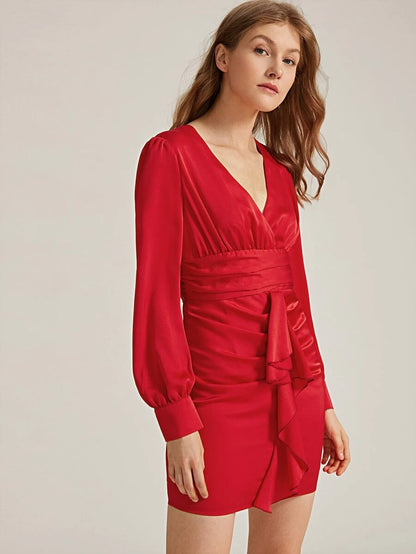 Surplice Neck Crinkle Wide Waistband Ruffle Trim Dress Periwinkley Shop