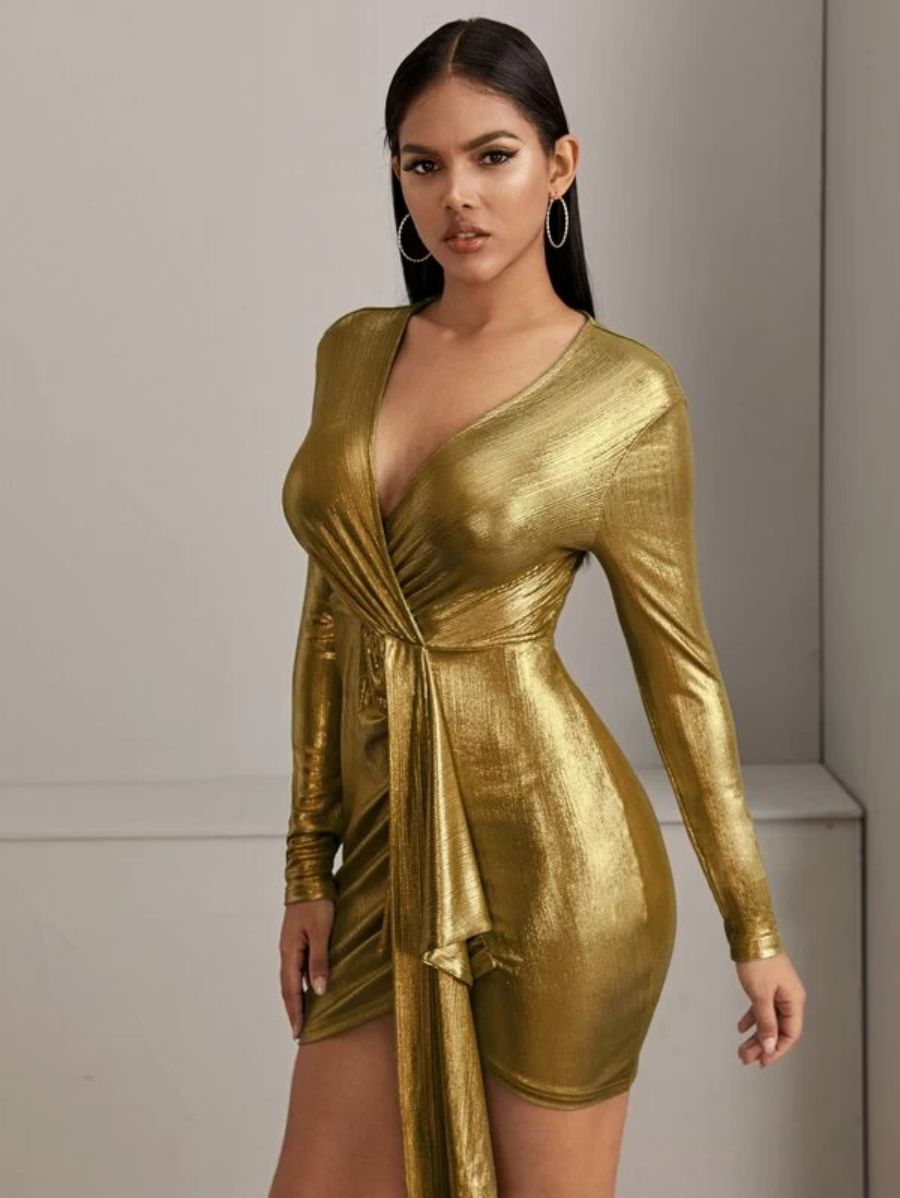 Cross Neck Ruched Front Metallic Color Bodycon Dress Periwinkley Shop