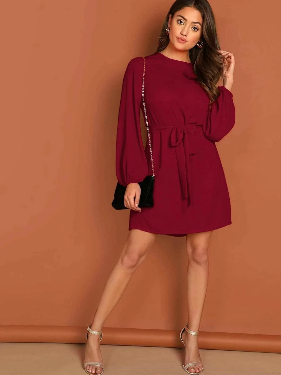 Blouson Sleeve Self Tie Dress Periwinkley Shop