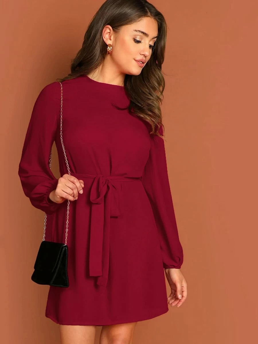 Blouson Sleeve Self Tie Dress Periwinkley Shop