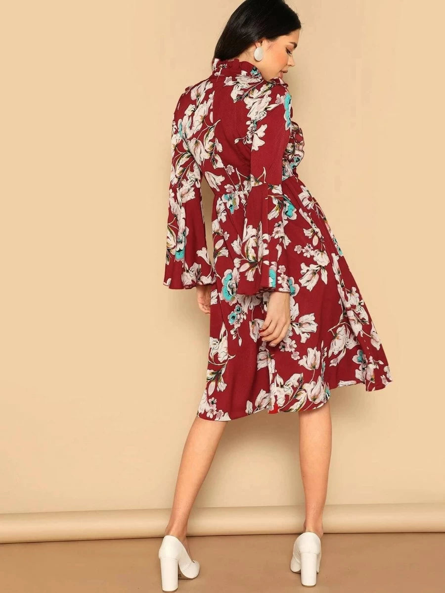 Ruffle Detail Bell Sleeve Flower Print Dress Periwinkley Shop