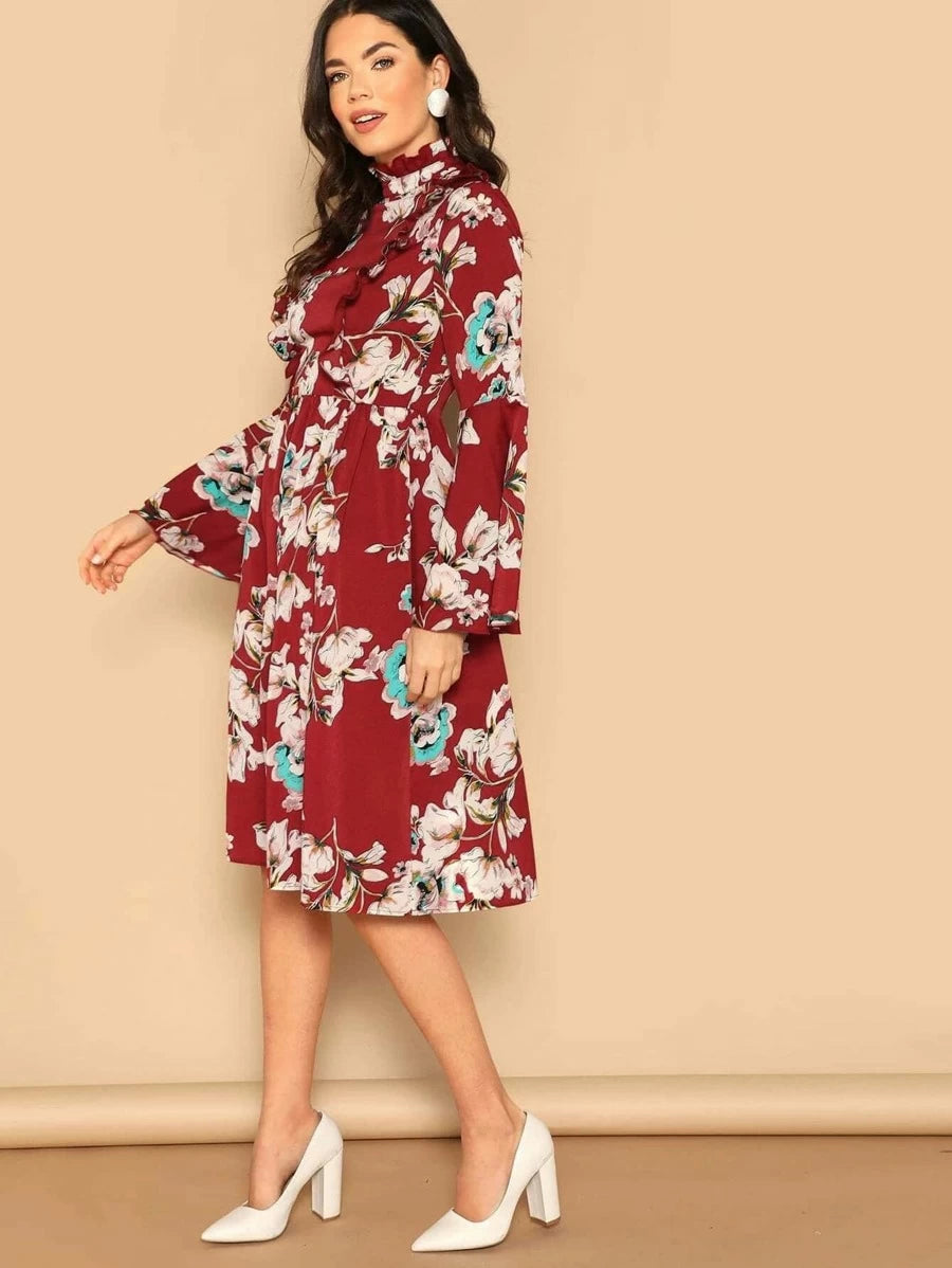 Ruffle Detail Bell Sleeve Flower Print Dress Periwinkley Shop