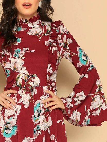 Ruffle Detail Bell Sleeve Flower Print Dress Periwinkley Shop
