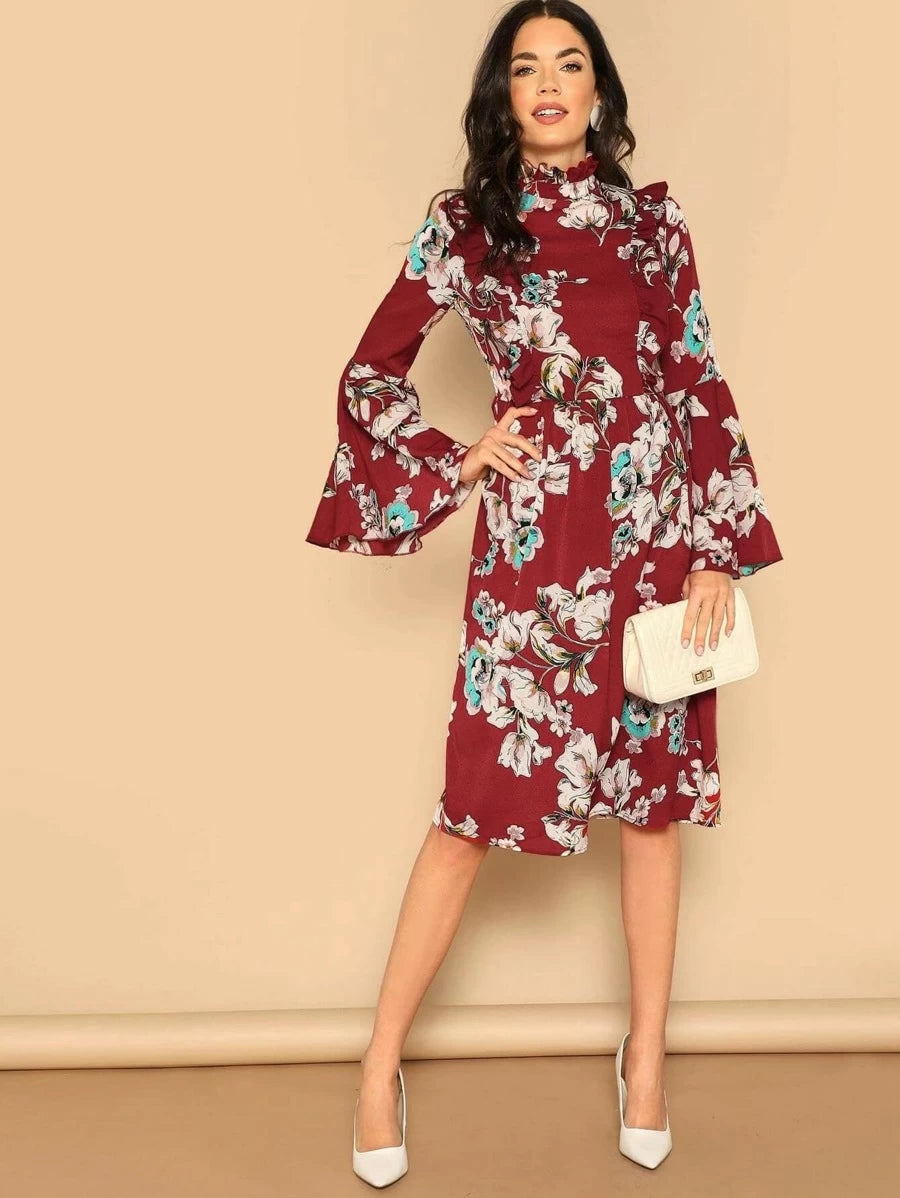 Ruffle Detail Bell Sleeve Flower Print Dress Periwinkley Shop
