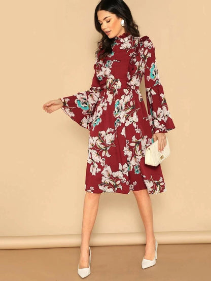 Ruffle Detail Bell Sleeve Flower Print Dress Periwinkley Shop