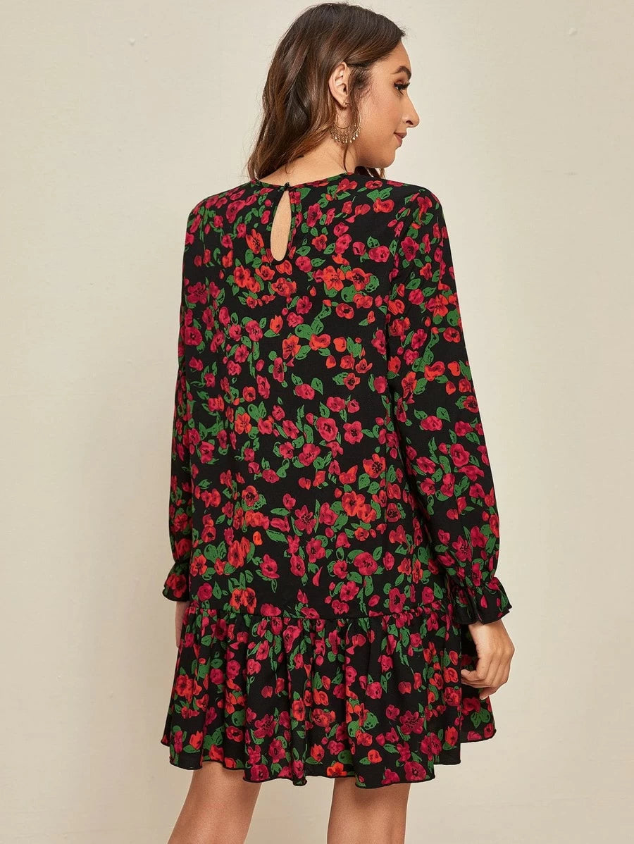 Keyhole Back Flounce Sleeve Floral Print Smock Dress Periwinkley Shop