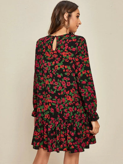 Keyhole Back Flounce Sleeve Floral Print Smock Dress Periwinkley Shop
