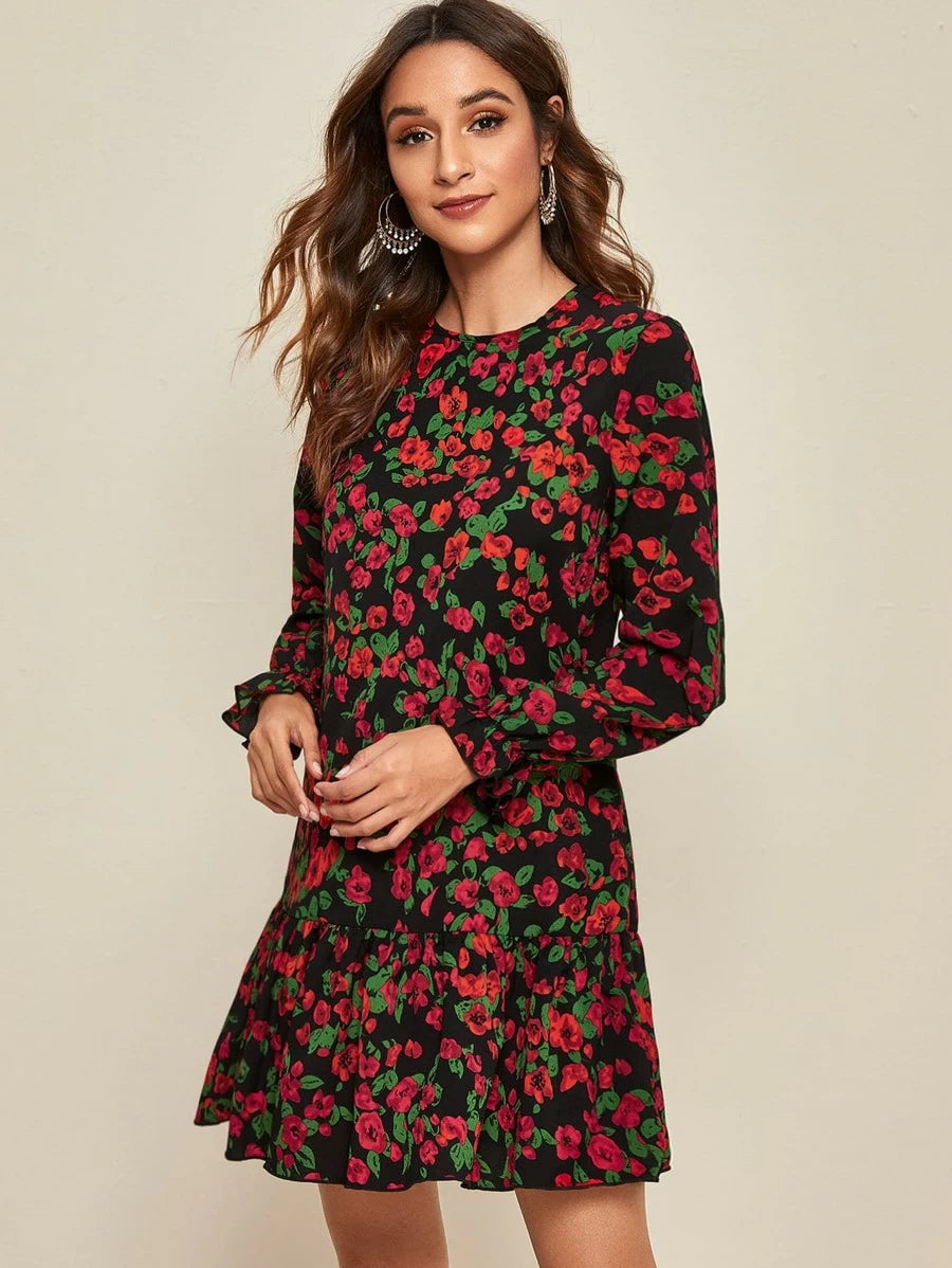 Keyhole Back Flounce Sleeve Floral Print Smock Dress Periwinkley Shop