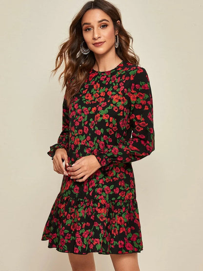Keyhole Back Flounce Sleeve Floral Print Smock Dress Periwinkley Shop