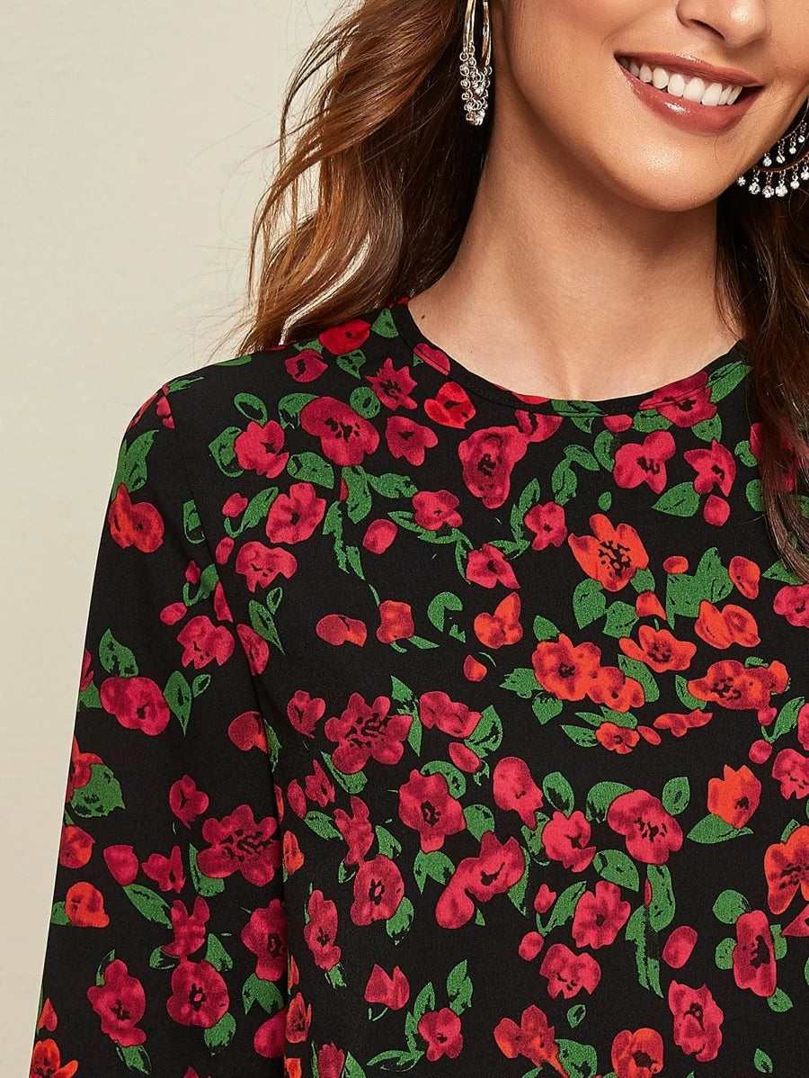 Keyhole Back Flounce Sleeve Floral Print Smock Dress Periwinkley Shop