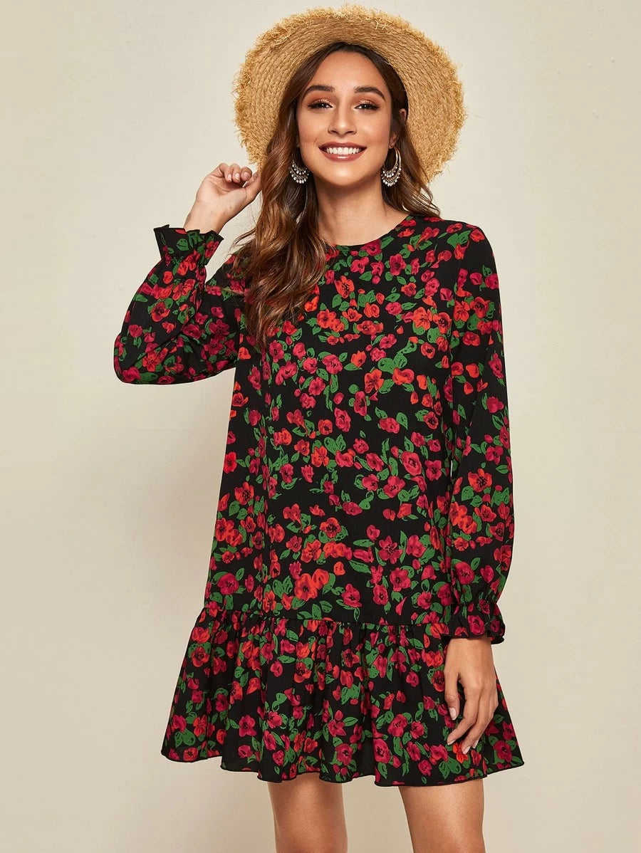 Keyhole Back Flounce Sleeve Floral Print Smock Dress Periwinkley Shop