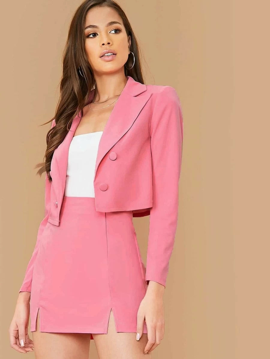 Double Breasted Cropped Blazer & M-Slit Skirt Set Periwinkley Shop