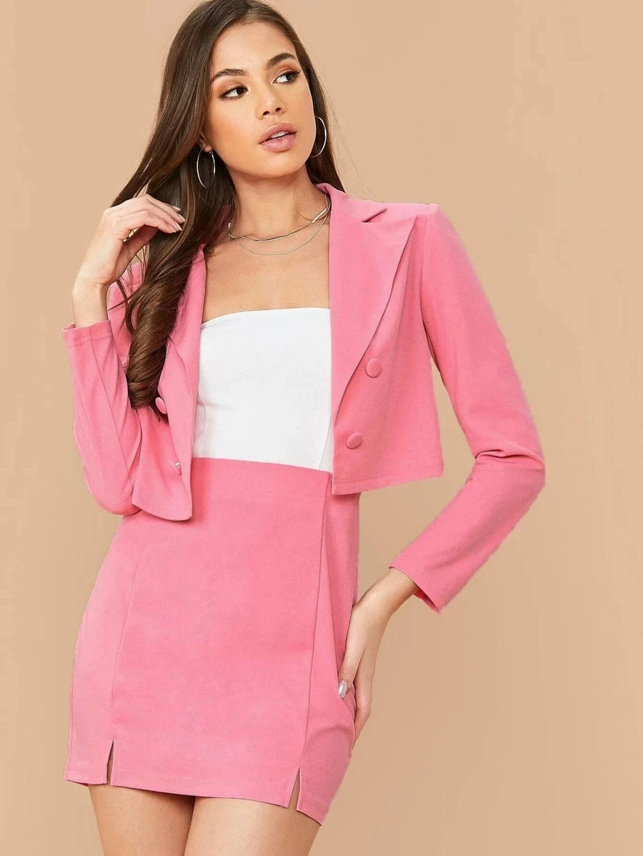 Double Breasted Cropped Blazer & M-Slit Skirt Set Periwinkley Shop