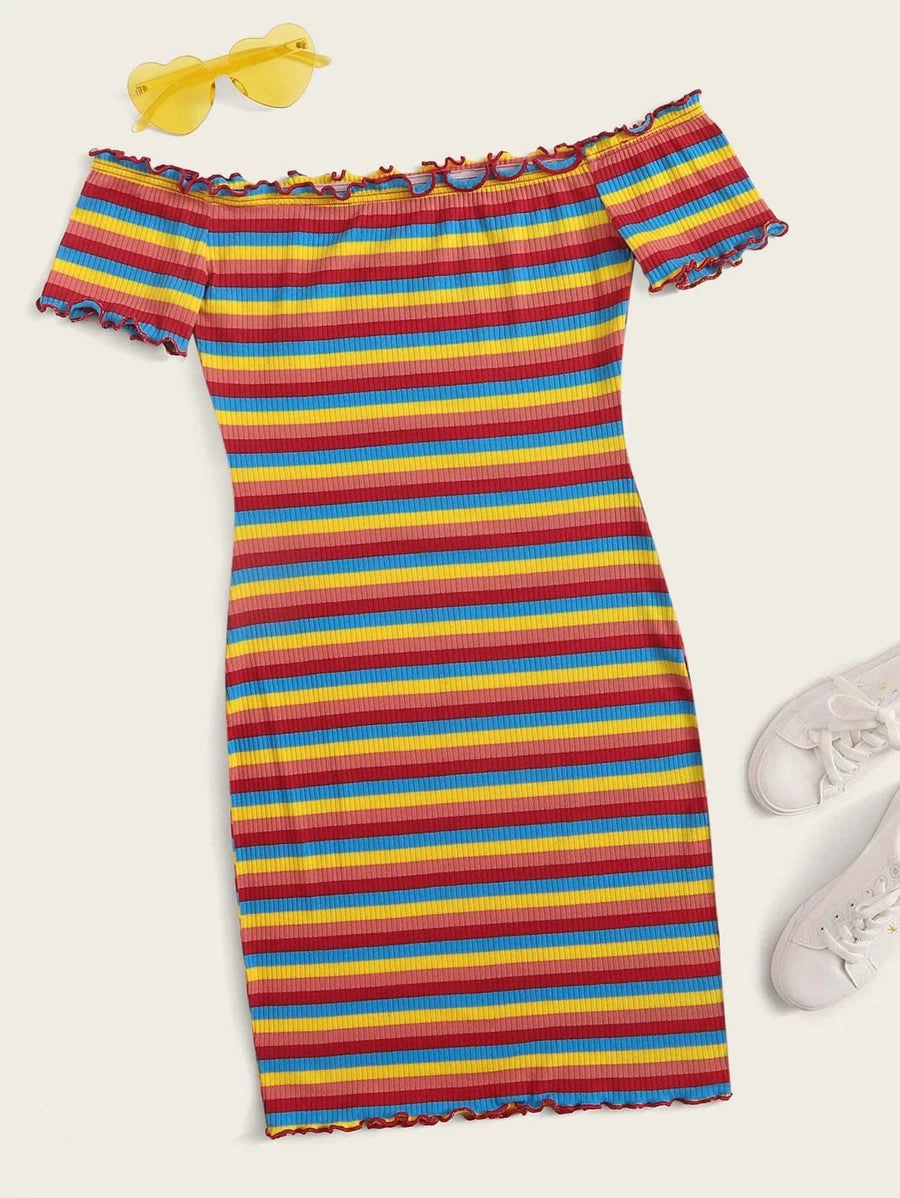 Off Shoulder Lettuce Trim Rib-knit Rainbow Striped Dress Periwinkley Shop