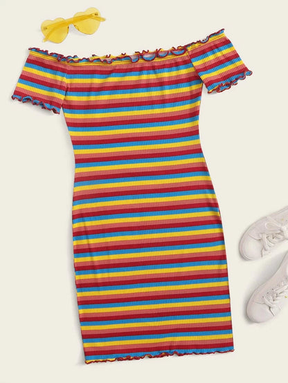 Off Shoulder Lettuce Trim Rib-knit Rainbow Striped Dress Periwinkley Shop