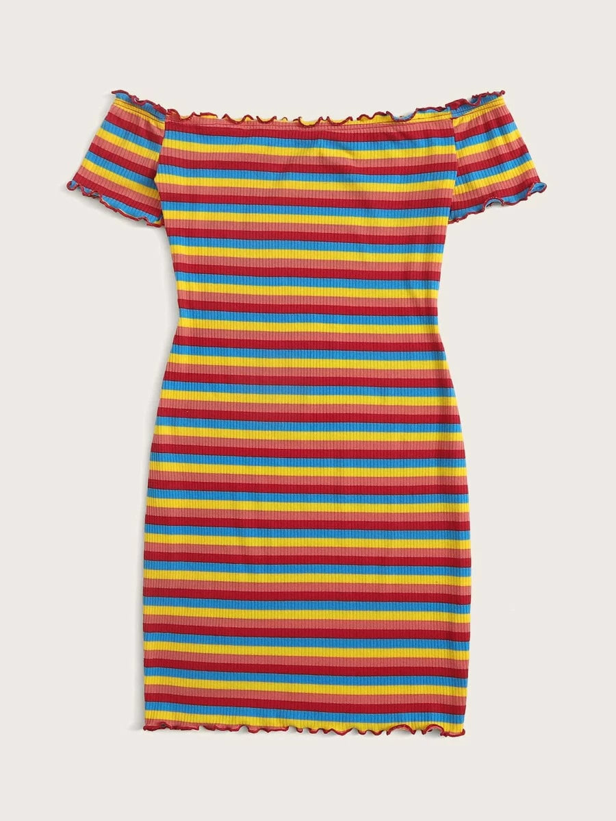 Off Shoulder Lettuce Trim Rib-knit Rainbow Striped Dress Periwinkley Shop