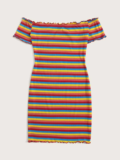 Off Shoulder Lettuce Trim Rib-knit Rainbow Striped Dress Periwinkley Shop