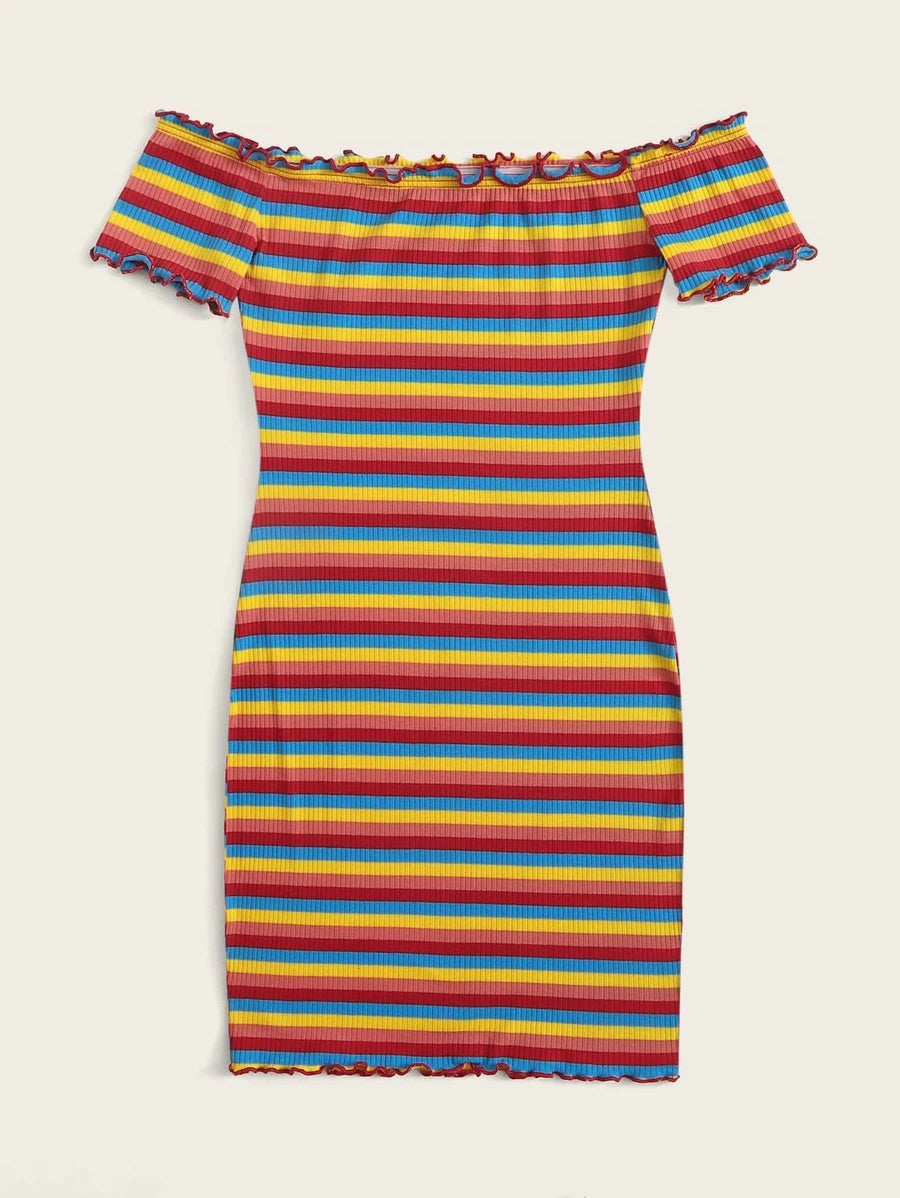 Off Shoulder Lettuce Trim Rib-knit Rainbow Striped Dress Periwinkley Shop