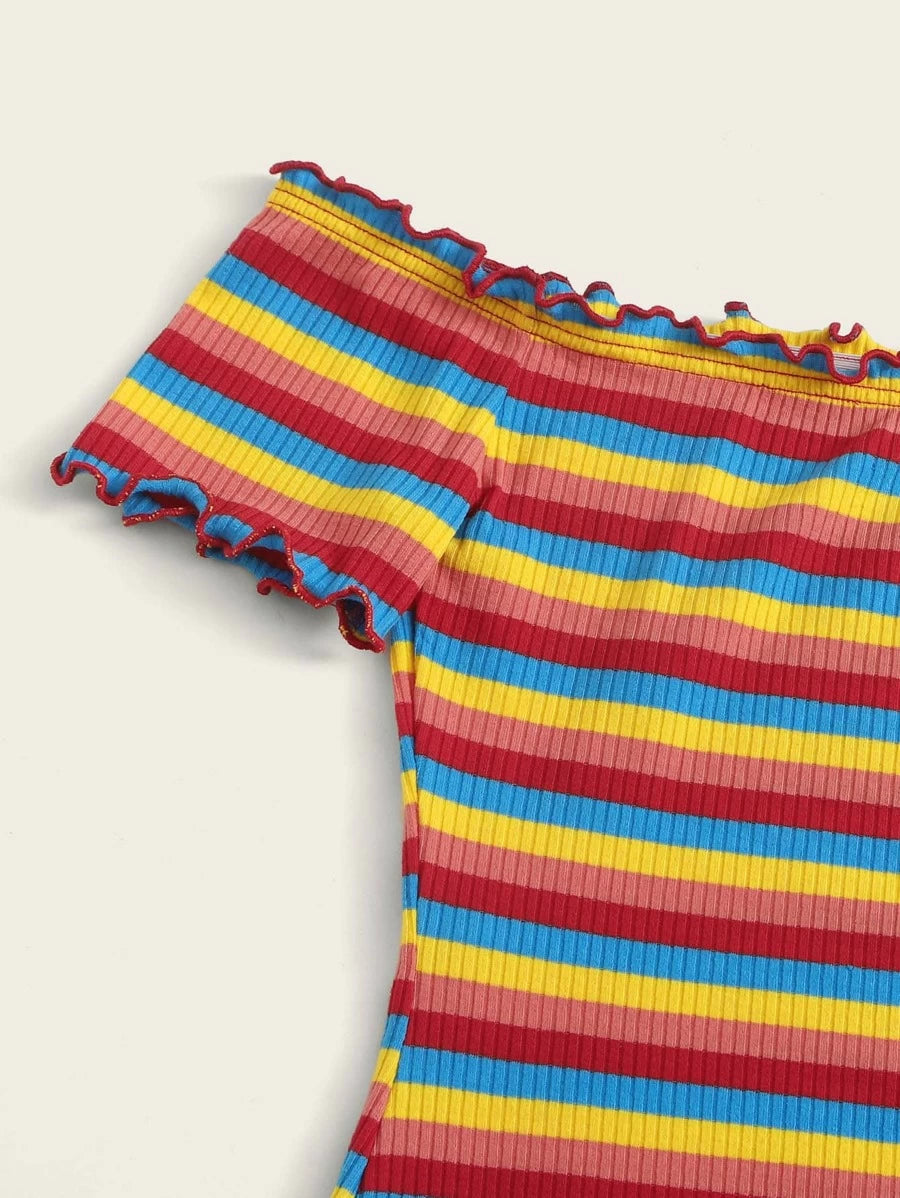Off Shoulder Lettuce Trim Rib-knit Rainbow Striped Dress Periwinkley Shop