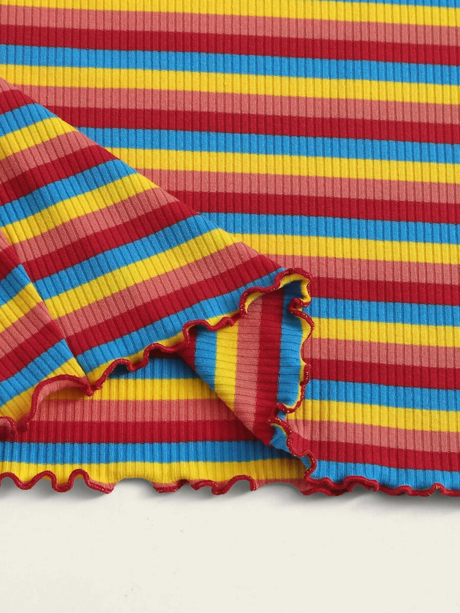 Off Shoulder Lettuce Trim Rib-knit Rainbow Striped Dress Periwinkley Shop