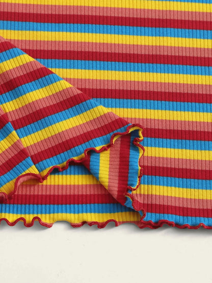 Off Shoulder Lettuce Trim Rib-knit Rainbow Striped Dress Periwinkley Shop