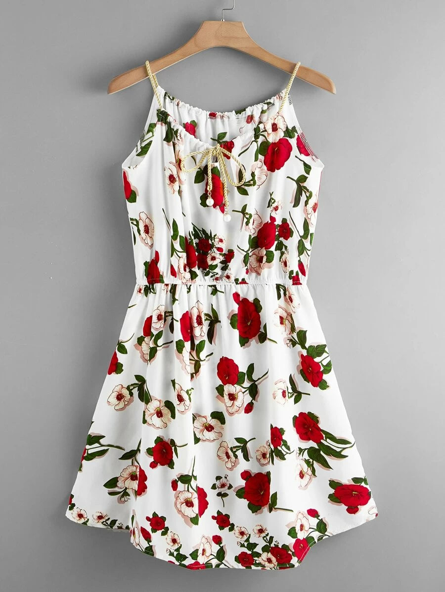 Rose Print Self-Tie Braided Cami Dress Periwinkley Shop