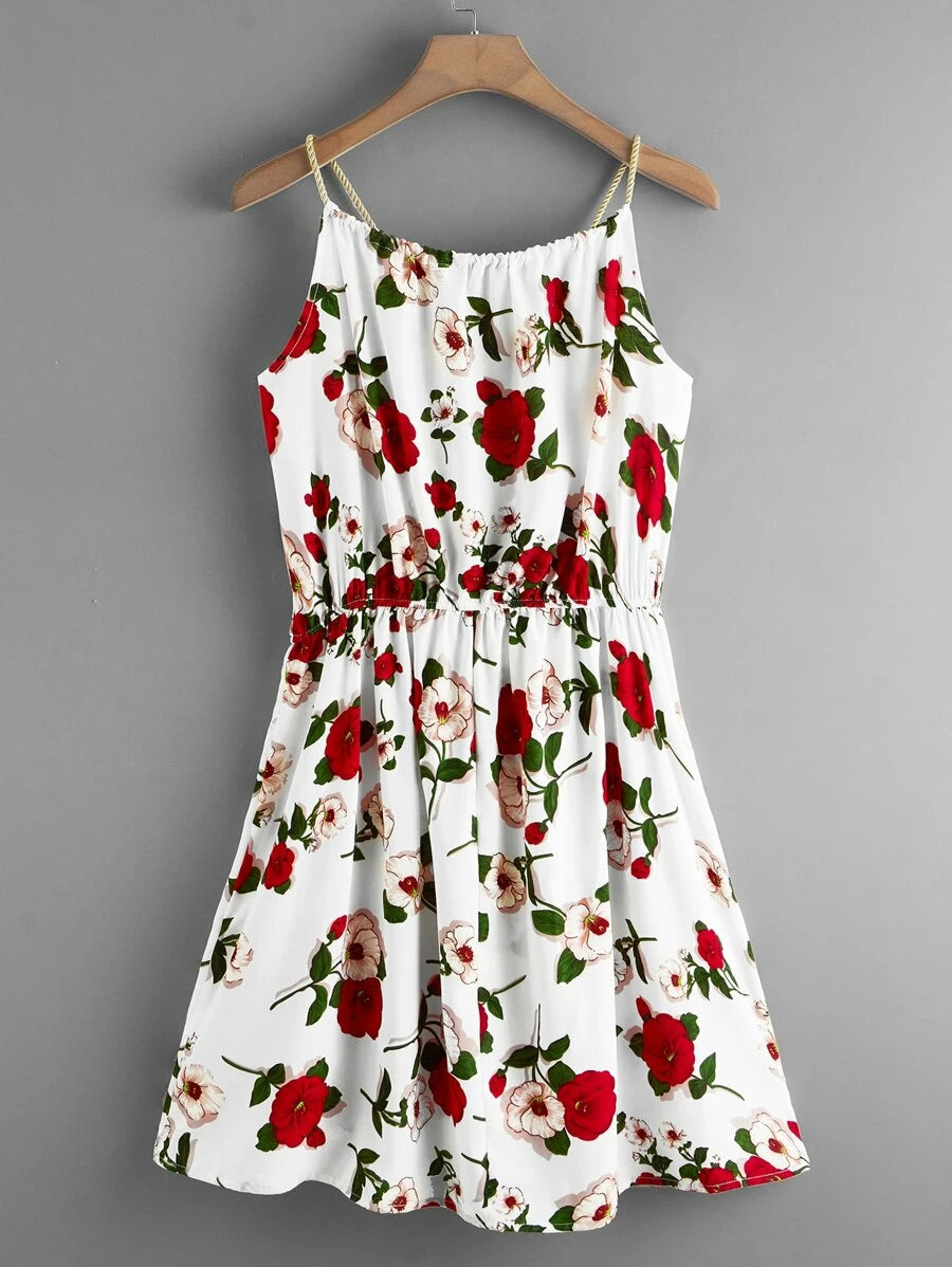 Rose Print Self-Tie Braided Cami Dress Periwinkley Shop