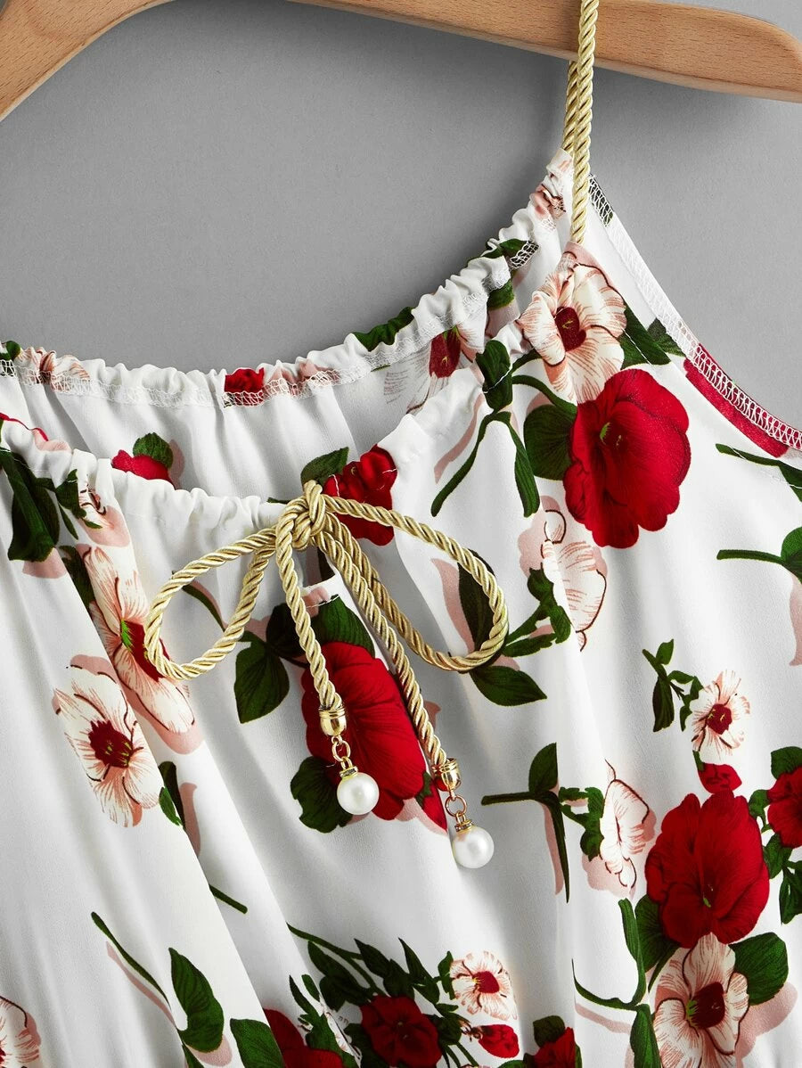 Rose Print Self-Tie Braided Cami Dress Periwinkley Shop