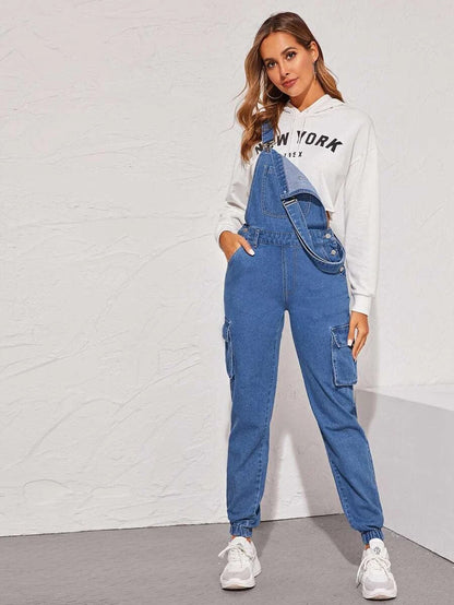 Flap Pocket Side Elastic Hem Denim Dungarees Periwinkley Shop