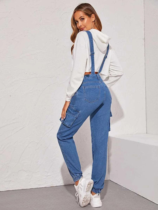 Flap Pocket Side Elastic Hem Denim Dungarees Periwinkley Shop