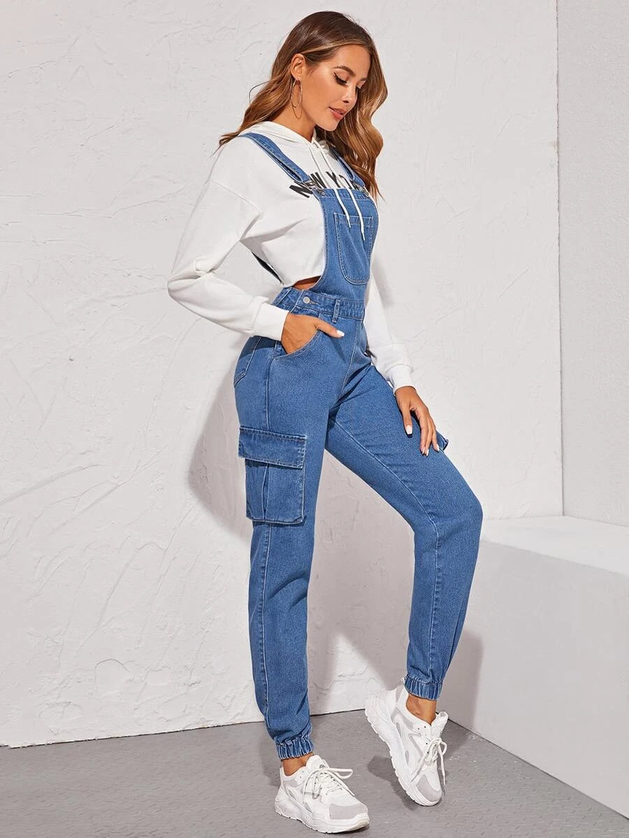 Flap Pocket Side Elastic Hem Denim Dungarees Periwinkley Shop