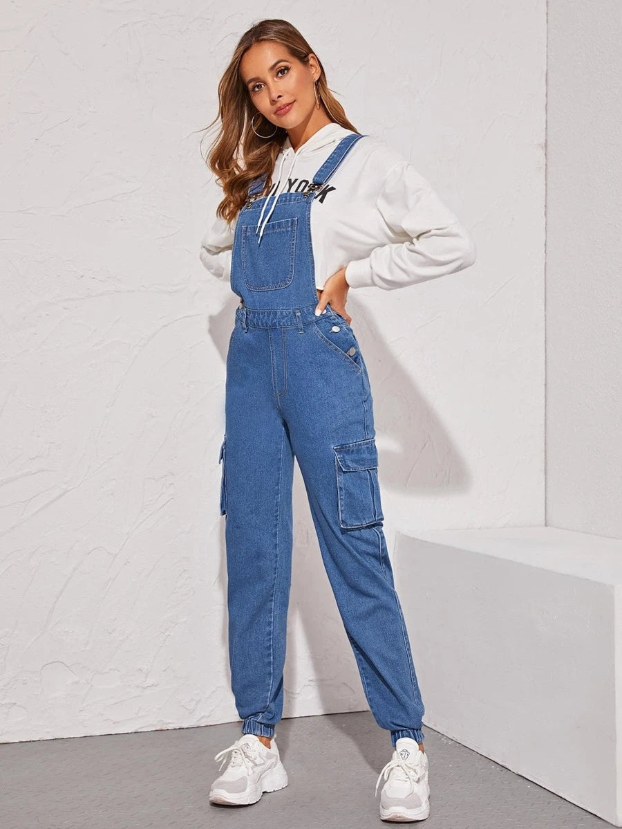 Flap Pocket Side Elastic Hem Denim Dungarees Periwinkley Shop