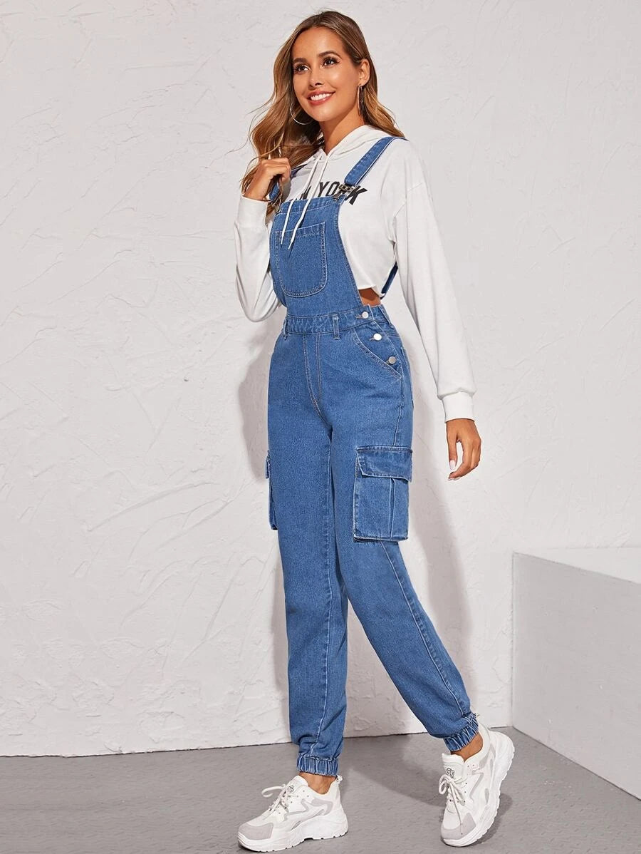Flap Pocket Side Elastic Hem Denim Dungarees Periwinkley Shop