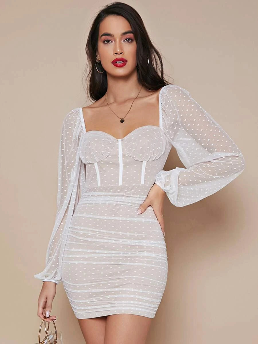 Belle Sweetheart Neck Binding Trim Lantern Sleeve Swiss Dot Bustier Dress Periwinkley Shop