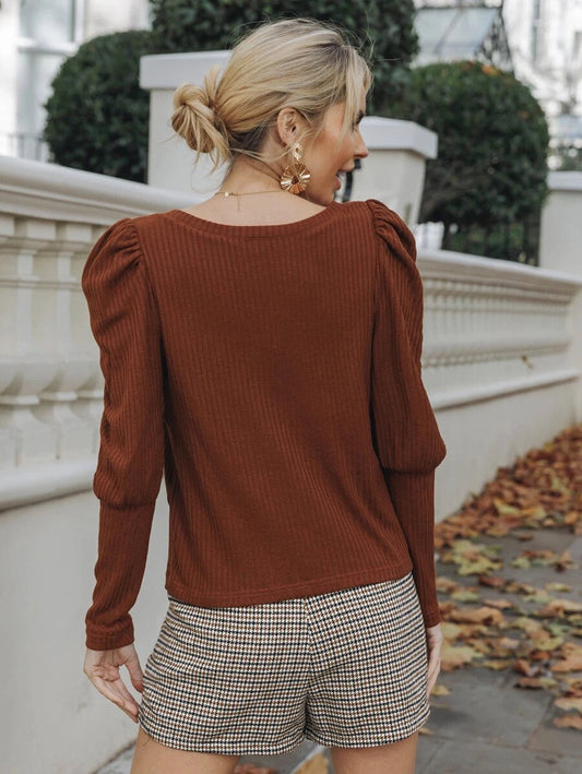 Square Neck Gigot Sleeve Rib-knit Top Periwinkley Shop