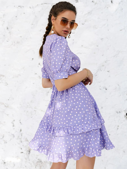 Simplee Puff Sleeve Ruffle Trim Polka Dot Dress Periwinkley Shop