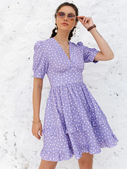 Simplee Puff Sleeve Ruffle Trim Polka Dot Dress Periwinkley Shop