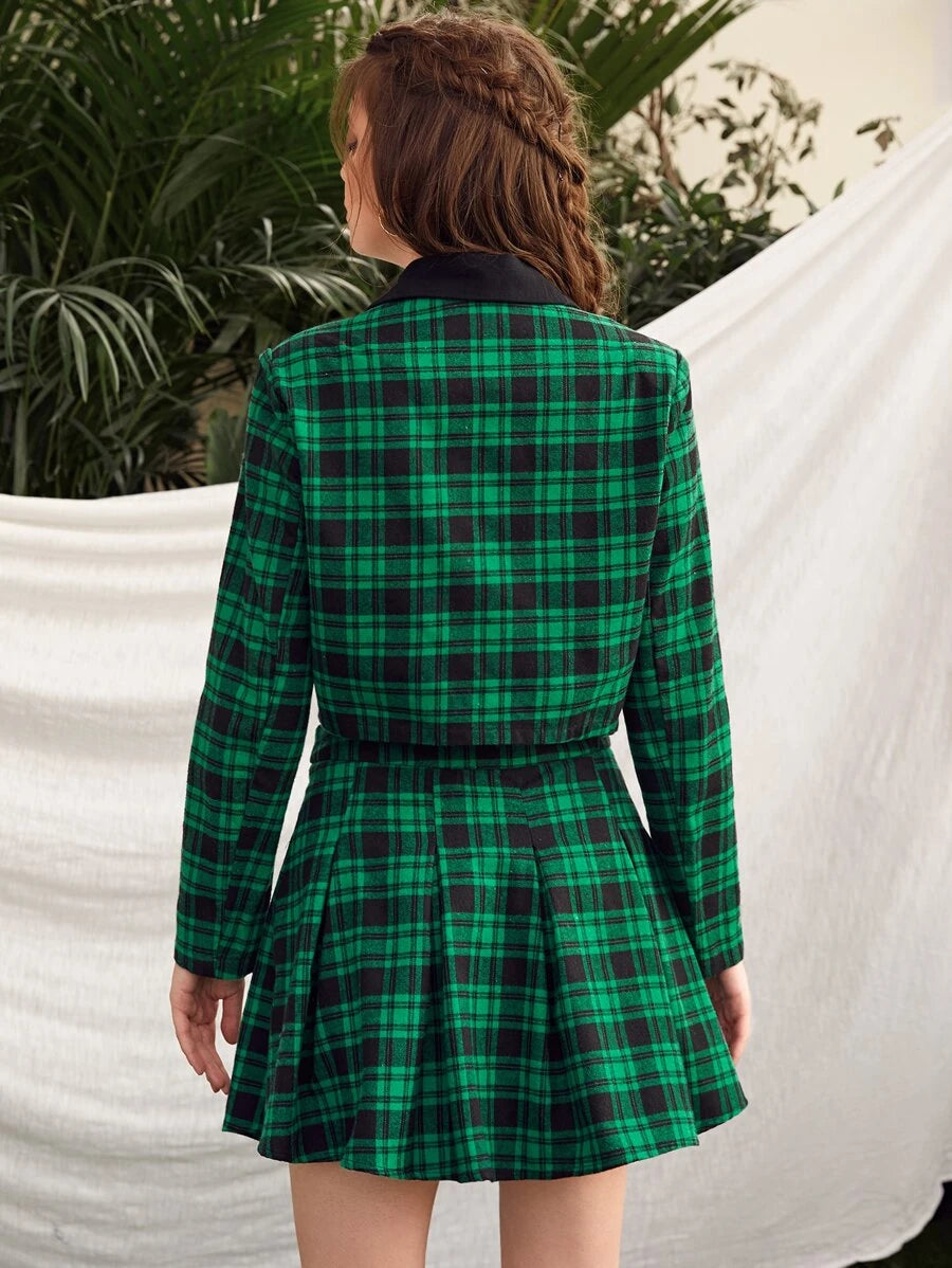 Lapel Collar Plaid Crop Blazer & Skater Skirt Set Periwinkley Shop
