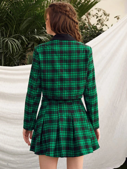 Lapel Collar Plaid Crop Blazer & Skater Skirt Set Periwinkley Shop