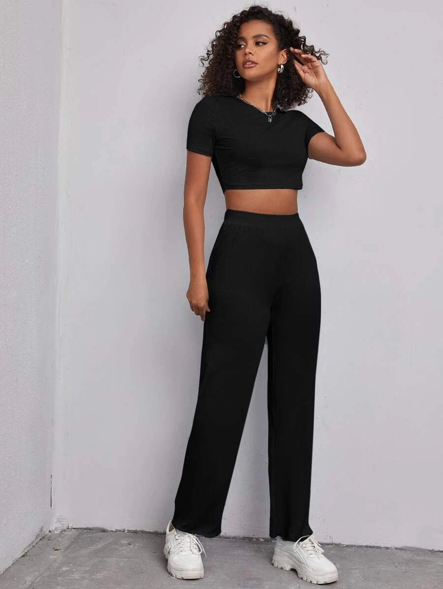 Solid Crop Top & Pants Set Periwinkley Shop