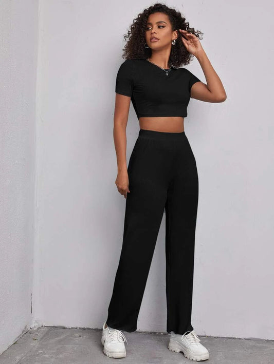 Solid Crop Top & Pants Set Periwinkley Shop