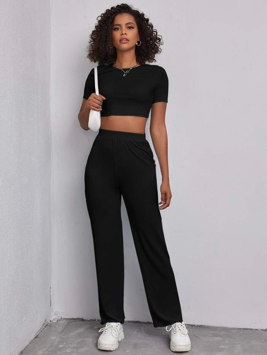 Solid Crop Top & Pants Set Periwinkley Shop