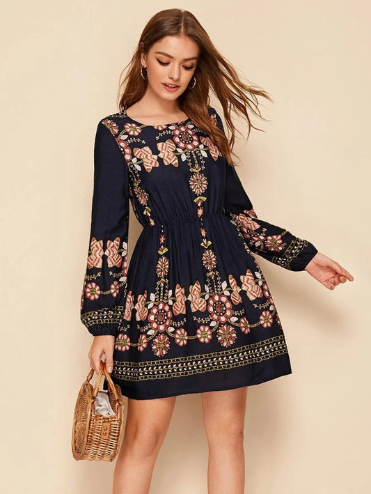 Floral Print Elastic Waist A-line Dress Periwinkley Shop