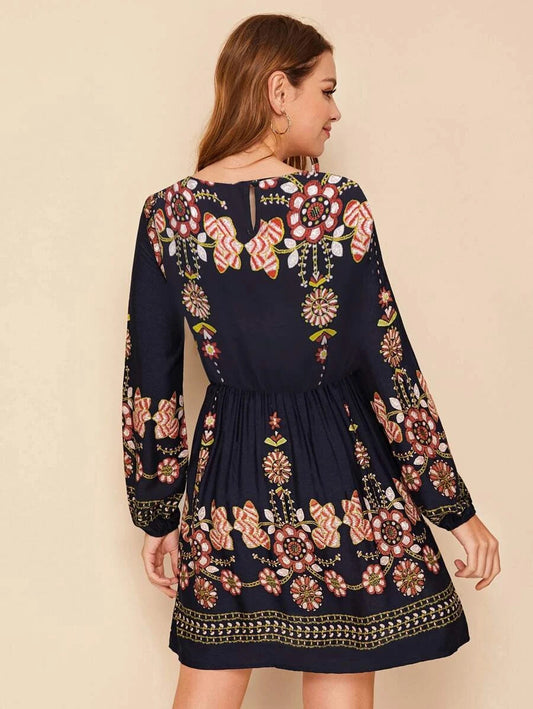 Floral Print Elastic Waist A-line Dress Periwinkley Shop