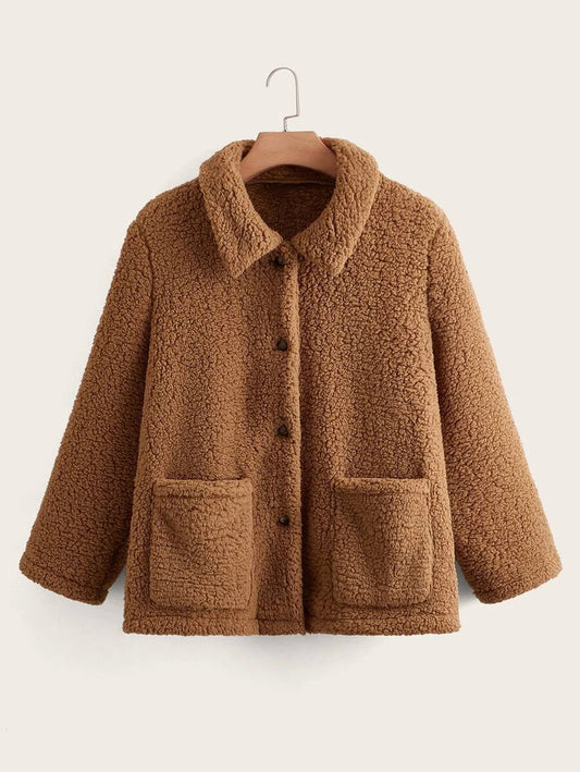 Dual Pocket Button Front Teddy Jacket Periwinkley Shop